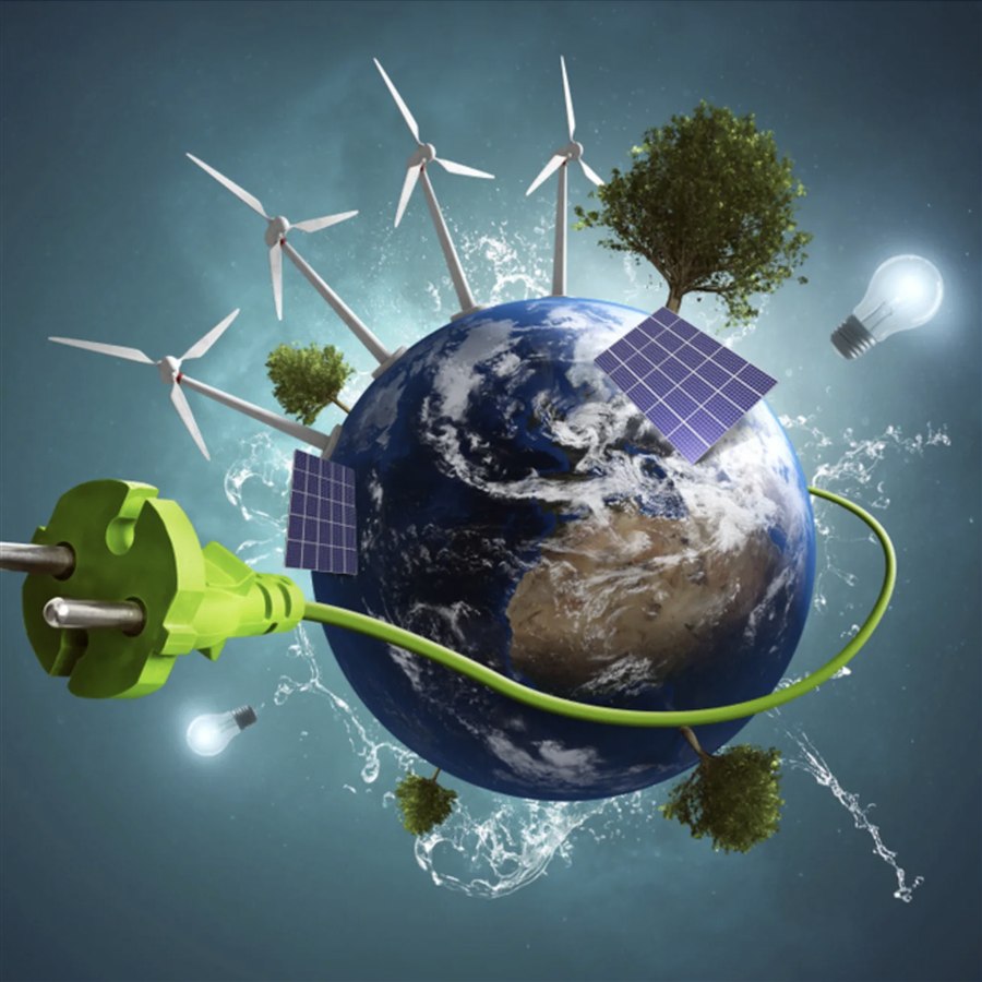 Renewable energy illustration with wind turbines, solar panels, and the Earth
